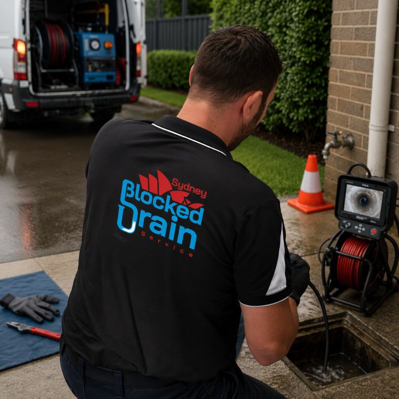 Plumber performing CCTV inspection on blocked drain outside Sydney home
