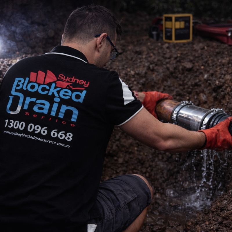 Plumber connecting replacement sewer pipe section during underground pipe replacement in Sydney