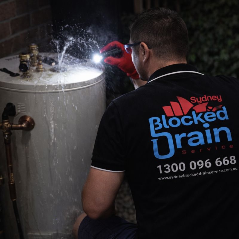 Plumber inspecting leaking hot water system with torch during repair in Sydney