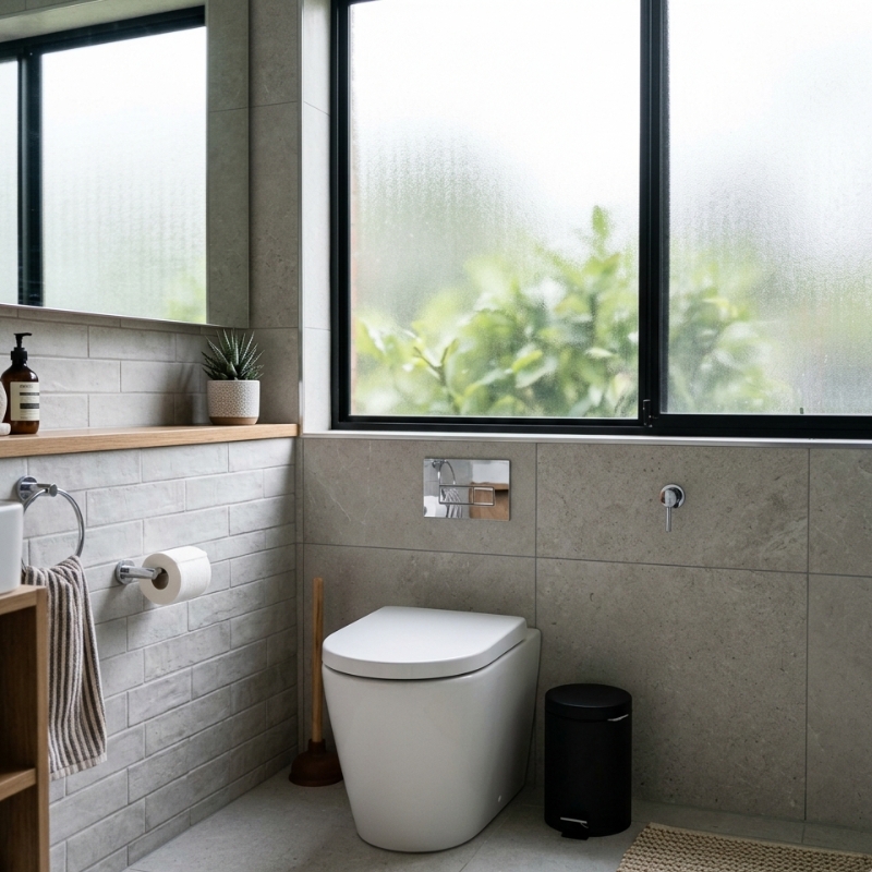 Sydney bathroom setup showing a lidded bin and plunger to help prevent repeat toilet blockages.