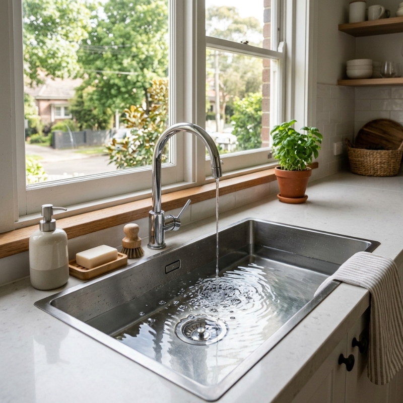 Gurgling kitchen sink with small bubbles near the drain in a Sydney home.