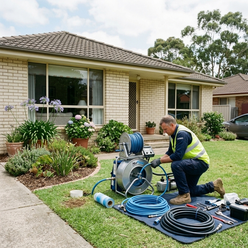 Pipe relining setup at a Sydney home with trenchless equipment near a drain access point
