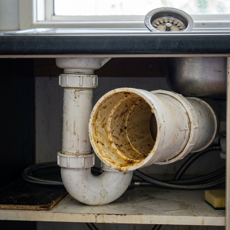 Grease build-up inside kitchen pipes causing a slow-draining sink in a Sydney home.al lighting; high detail.