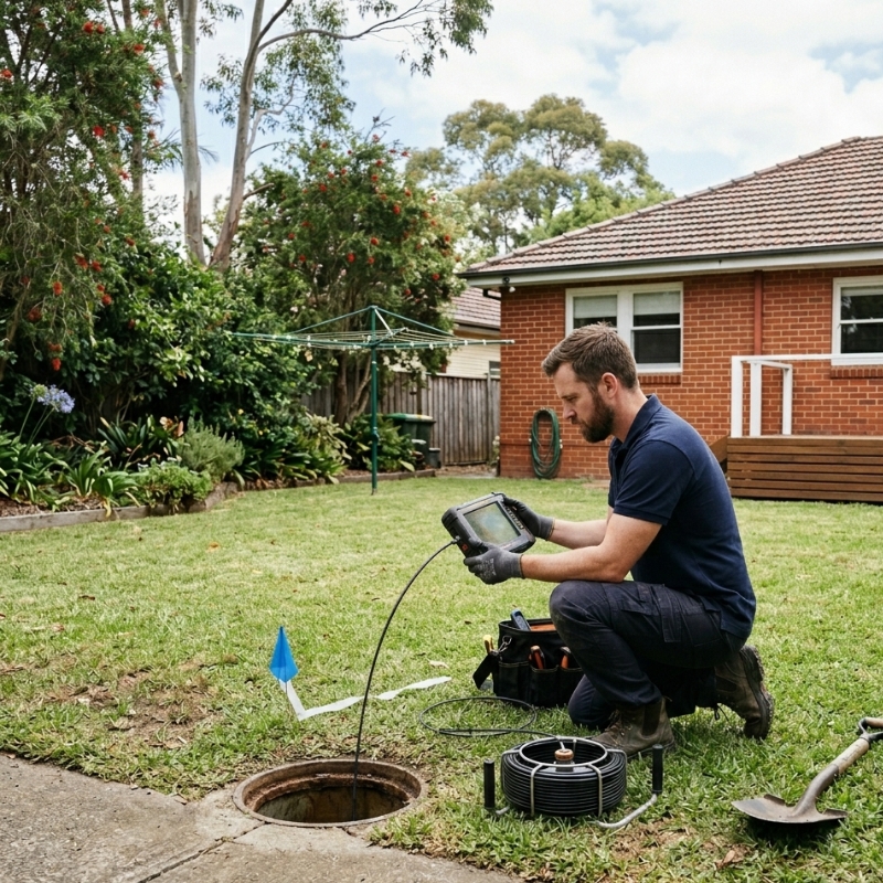 Plumber diagnosing an underground drain issue in a Sydney backyard using a pipe inspection monitor