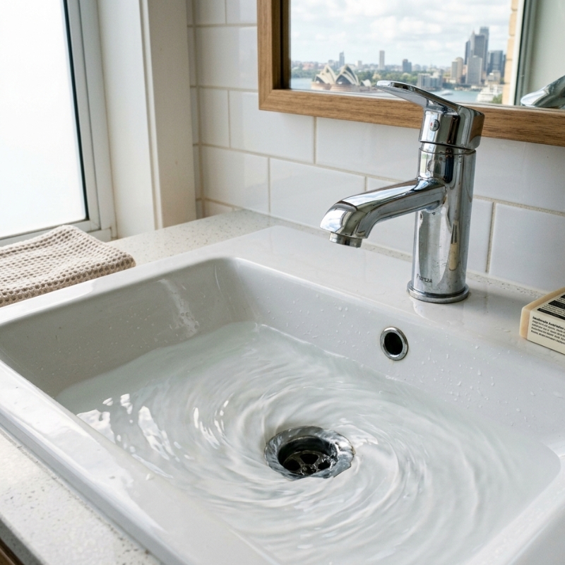 Slow-draining bathroom sink hinting at upcoming blocked drain in Sydney home