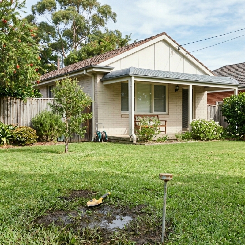 Sydney homeowner checking grass for early signs of a sagging sewer pipe