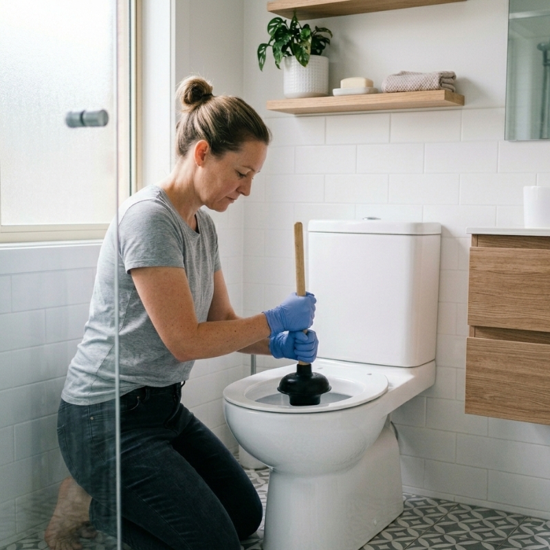Sydney resident using correct flange plunger technique to clear blocked toilet