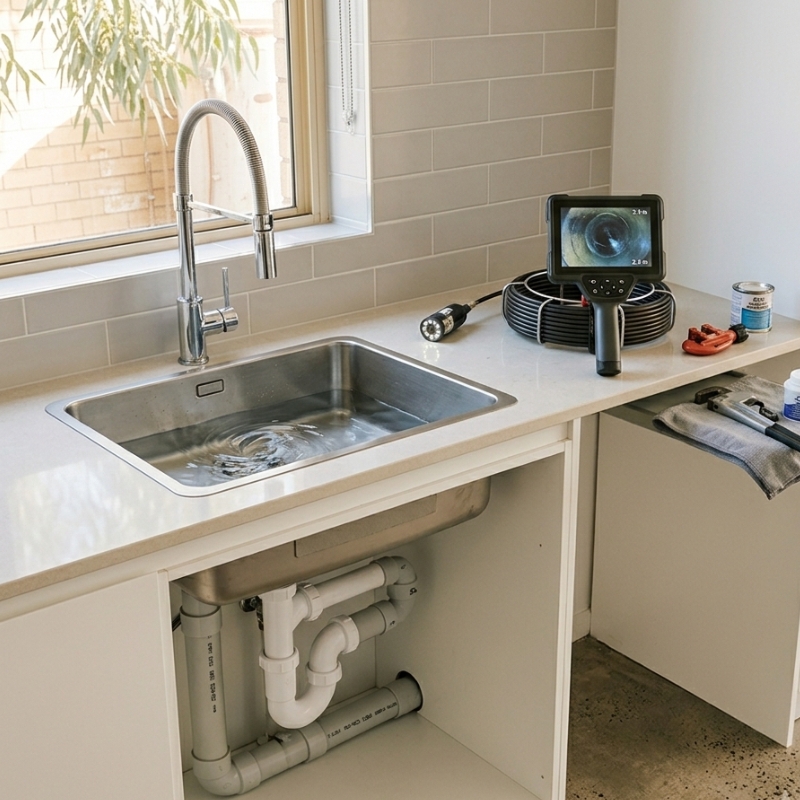 Blocked kitchen drain with exposed PVC plumbing and drain inspection camera in a modern Sydney home.