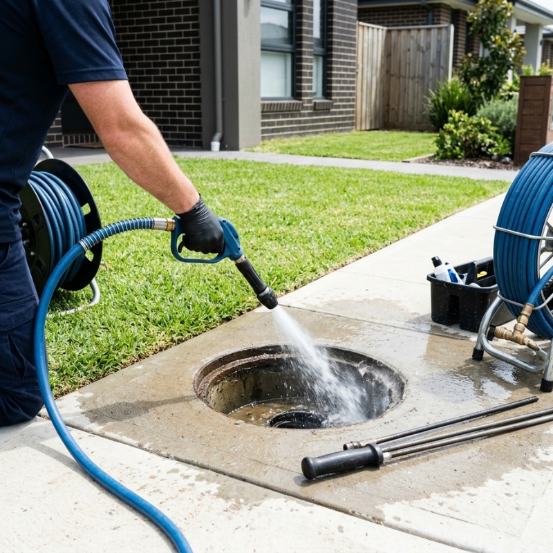 High-pressure water jetting equipment clearing a blocked residential drain outside an Australian home.