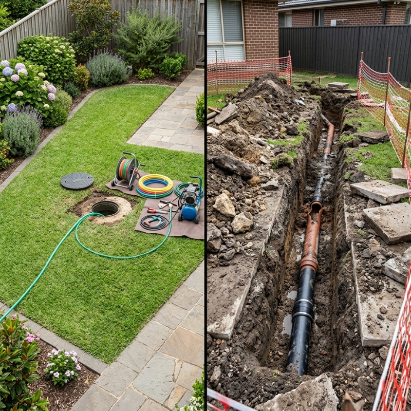 Split view of trenchless pipe relining and traditional trench excavation in a Sydney backyard with intact landscaping on one side and an open trench on the other.