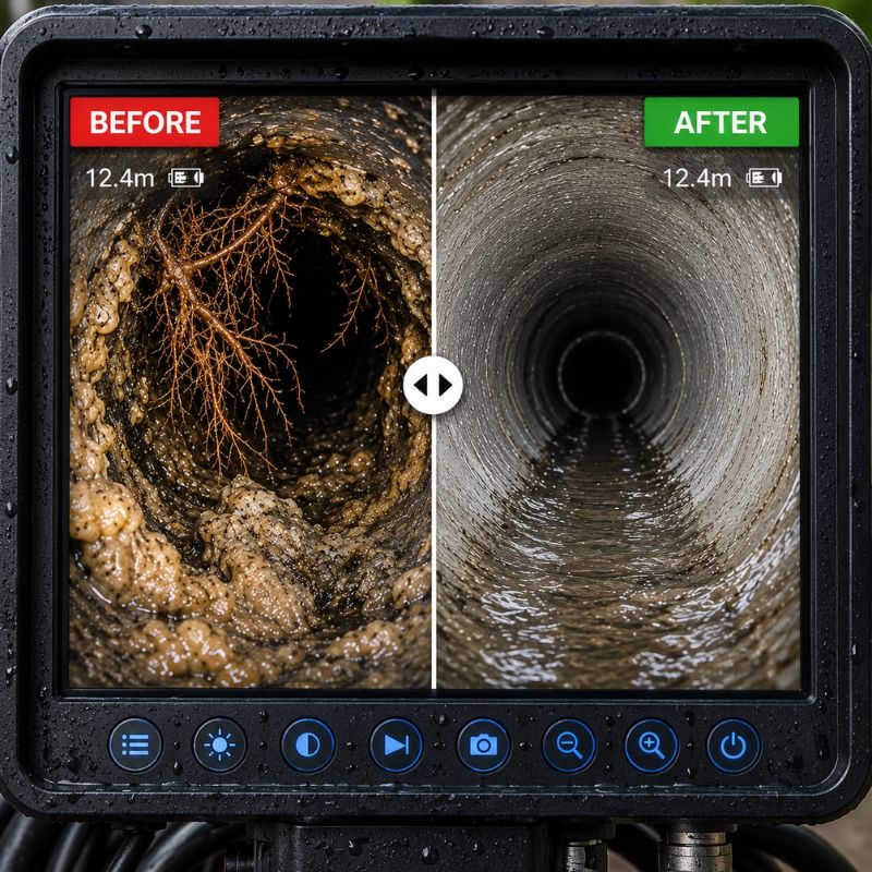 Before and after comparison of a drain pipe cleared by high pressure water jetting