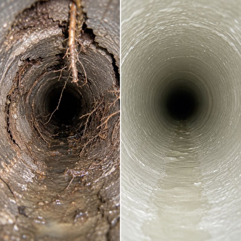 Before and after comparison of a drain pipe interior following relining