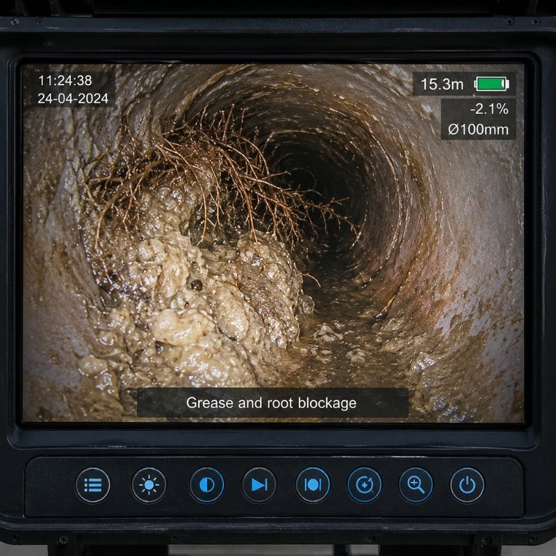CCTV drain camera showing a grease and tree root blockage before water jetting in a Sydney pipe