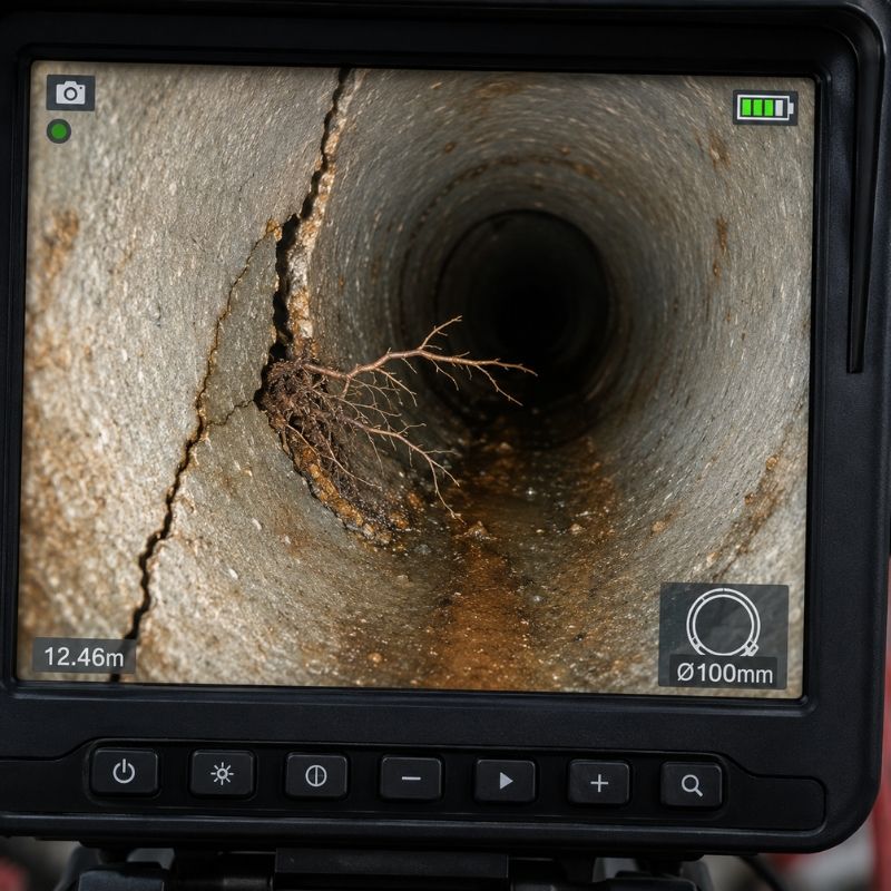CCTV drain camera inspection showing cracks and tree root intrusion inside a Sydney sewer pipe