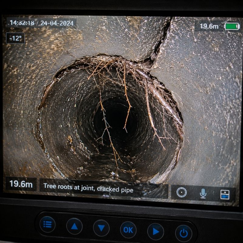 Drain camera footage showing tree roots and a cracked pipe found during a CCTV drain inspection