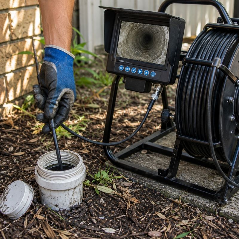Plumber feeding a drain camera into a cleanout for a drain camera inspection in Sydney