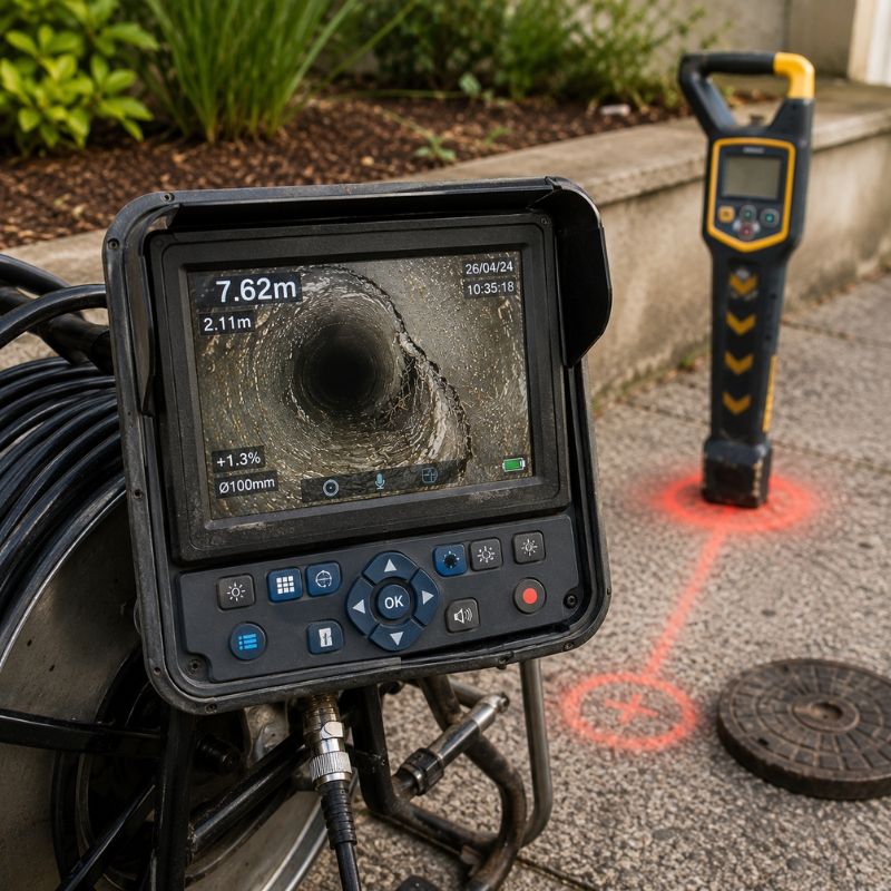 Drain camera monitor showing distance and depth readings to locate a pipe fault