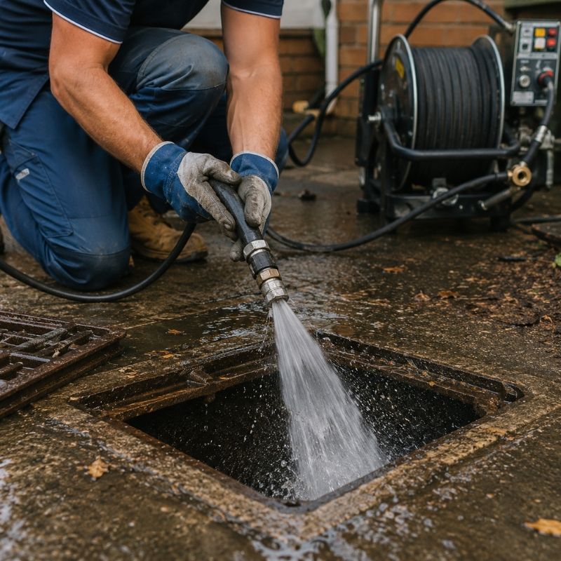 High pressure water jetting cleaning a blocked drain before relining