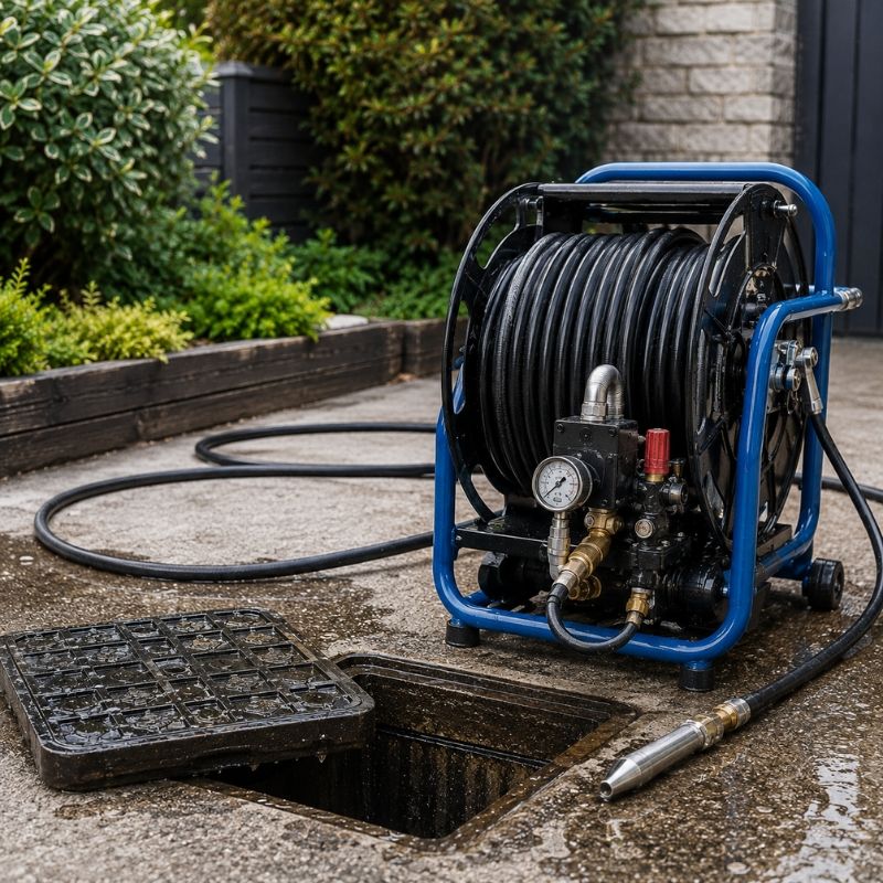 Licensed Sydney drainer operating high pressure water jetting equipment on site