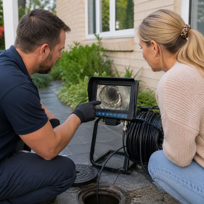 Homeowner and plumber reviewing drain camera footage together on a monitor in Sydney