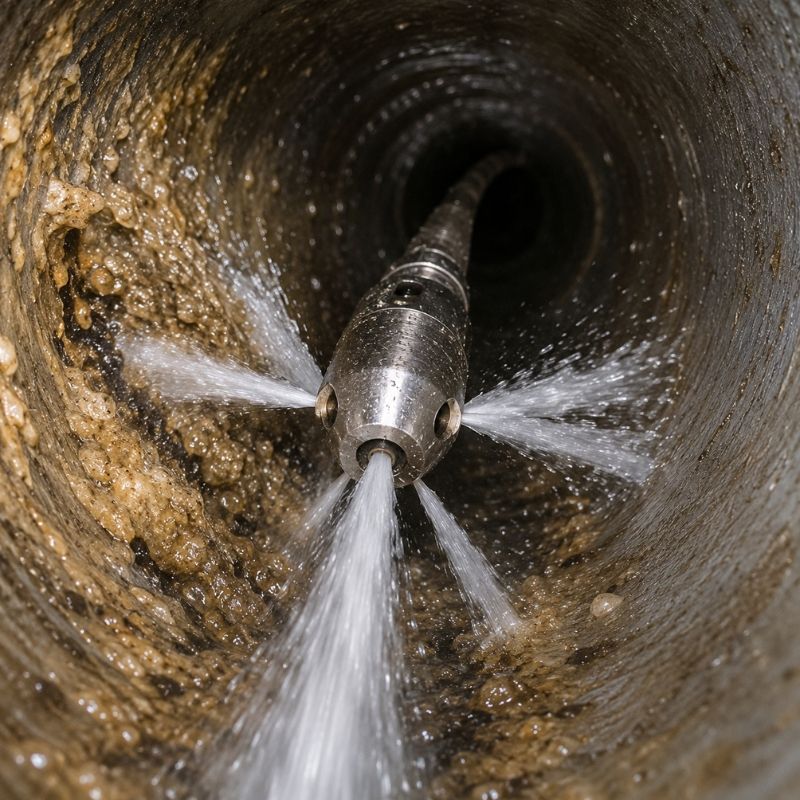 High pressure water jetting nozzle blasting built up grease from a drain pipe