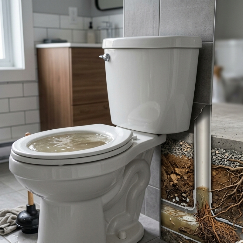 Blocked toilet showing possible sewer pipe blockage with tree roots affecting underground plumbing