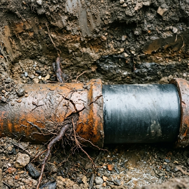 Damaged underground drain pipe showing cracks and signs of pipe relining need