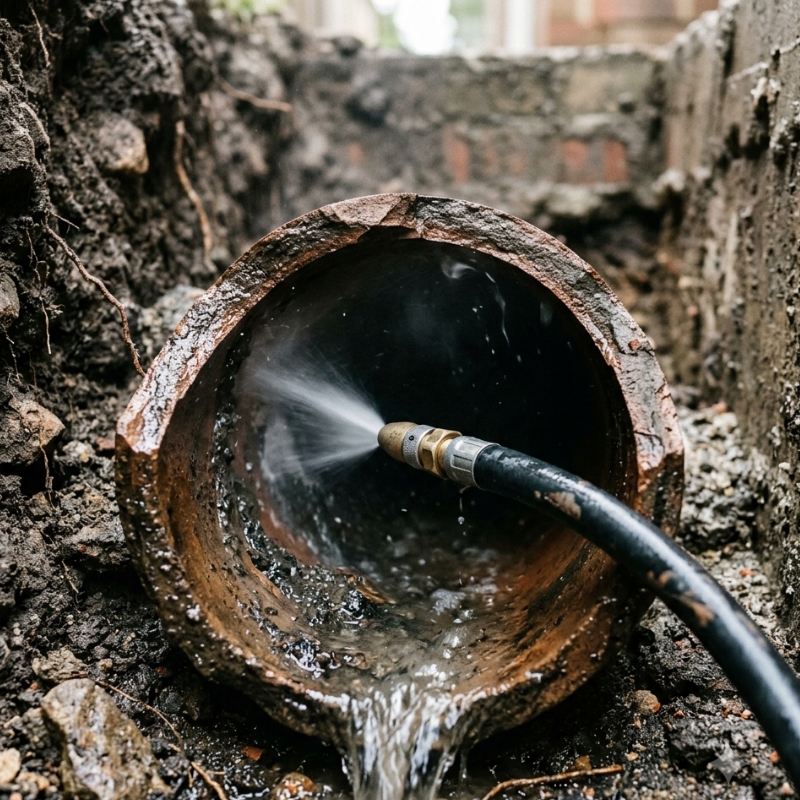 High-pressure water jet cleaning inside an old clay drainage pipe