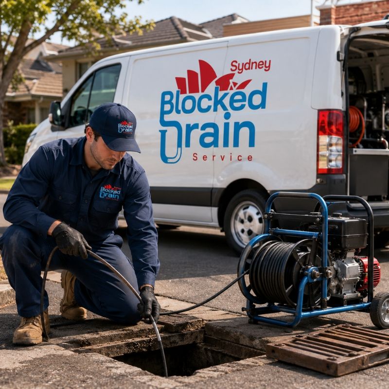 Technician with branded van clearing a drain