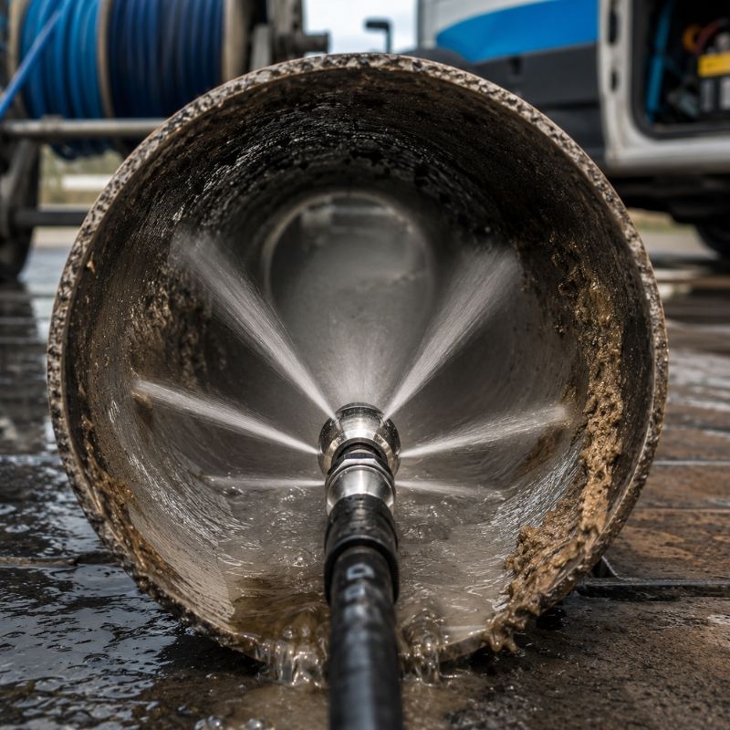 High pressure jetting nozzle cleaning a pipe