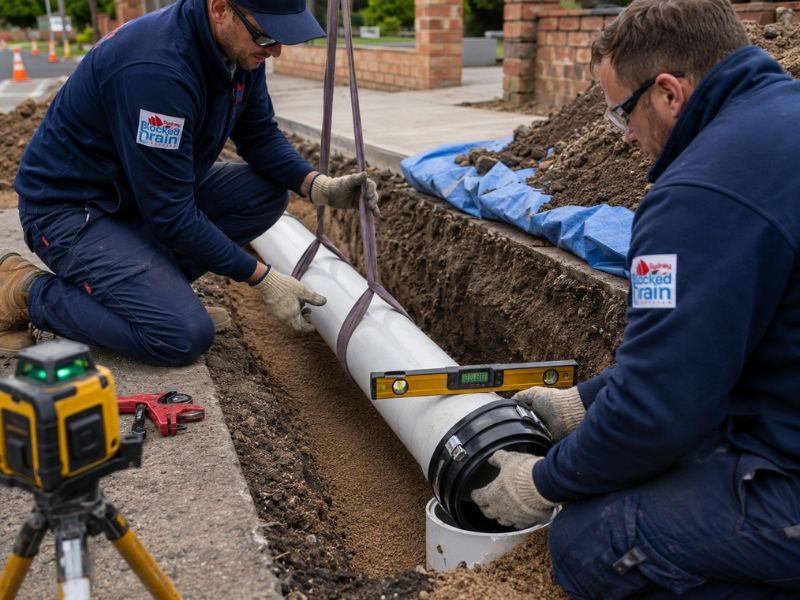 New drain pipe being laid in a trench