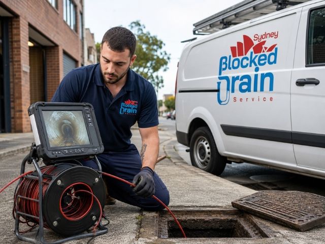 Licensed plumber running a CCTV drain camera at a local property