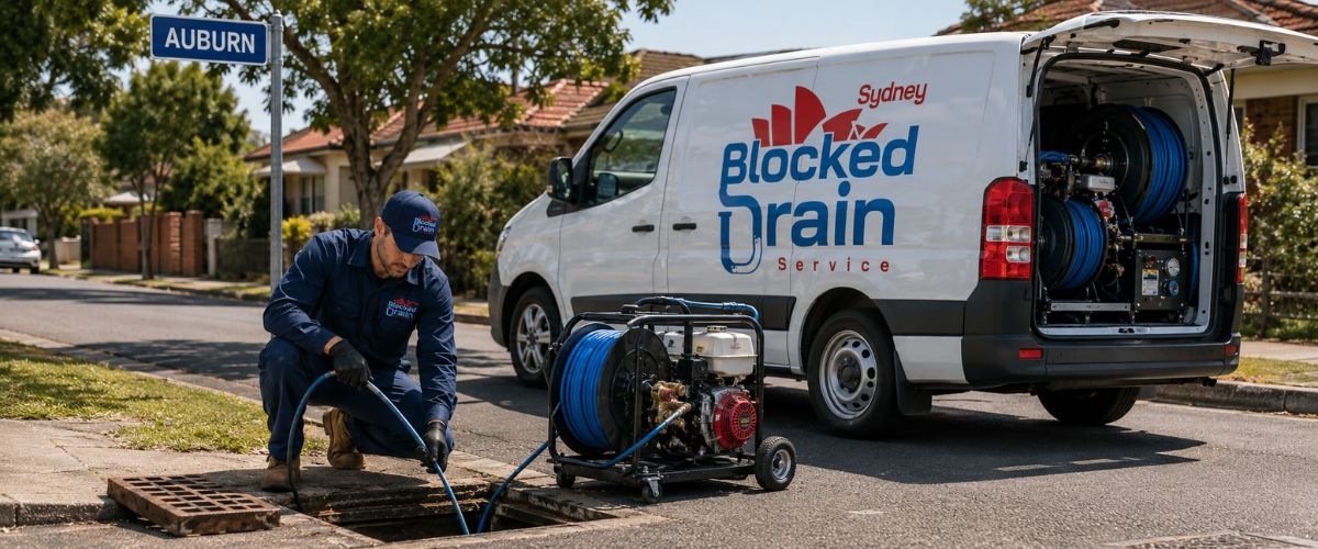 Branded drain service van and uniformed plumber