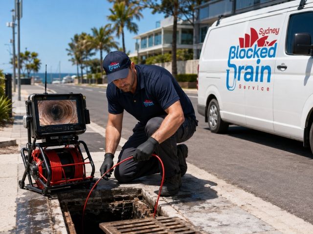 Licensed plumber running a CCTV drain camera at a local property