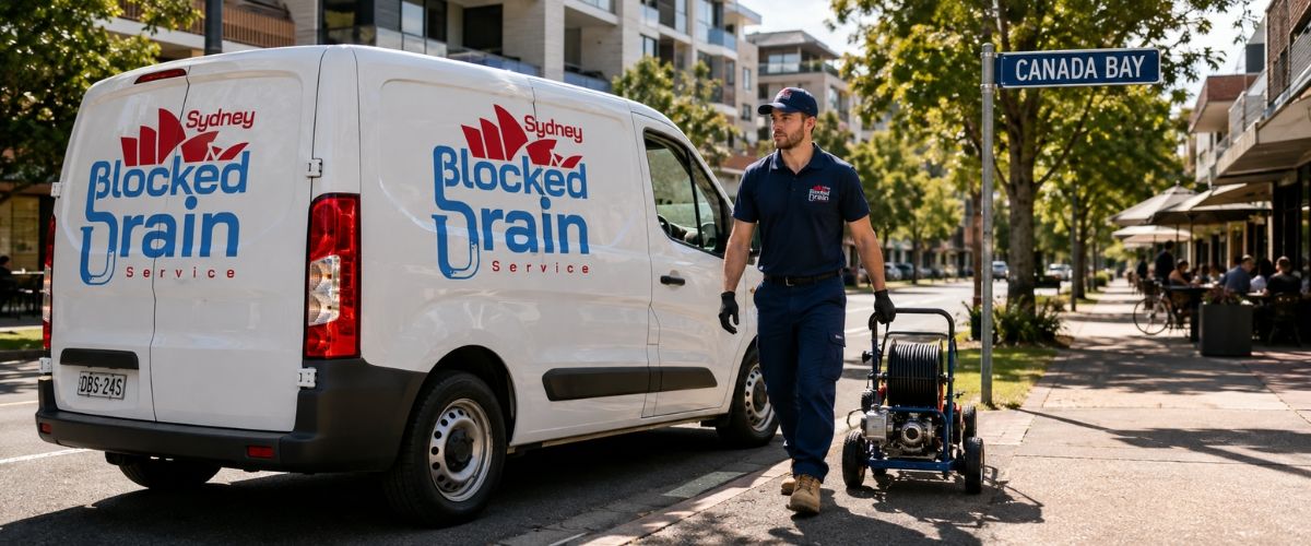 Branded drain service van and uniformed plumber
