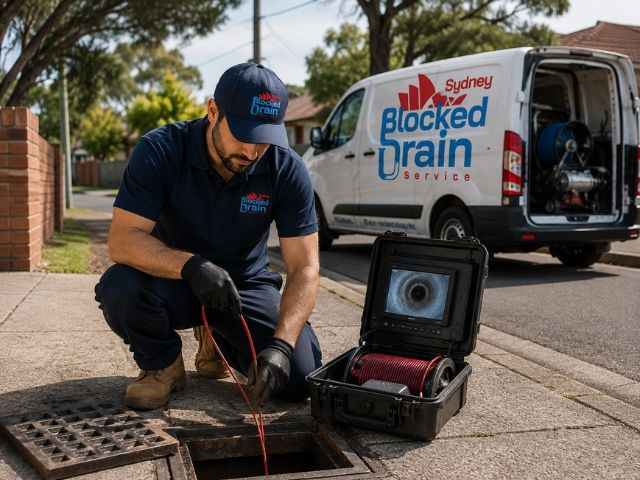 Licensed plumber running a CCTV drain camera at a local property