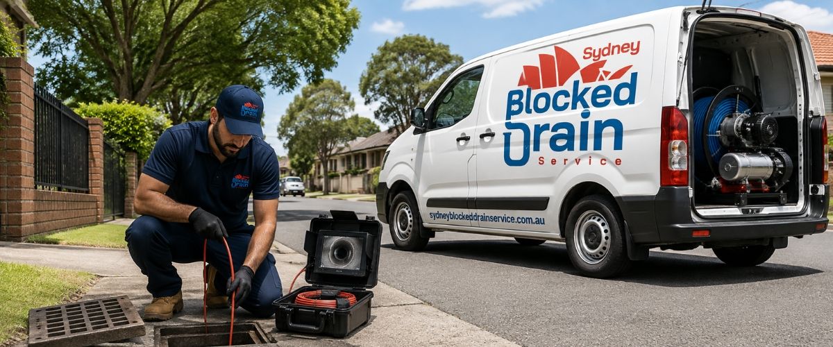 Branded drain service van and uniformed plumber