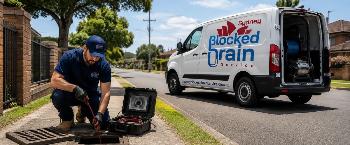 Branded drain service van and uniformed plumber