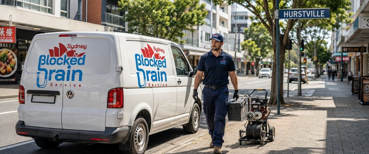 Branded drain service van and uniformed plumber