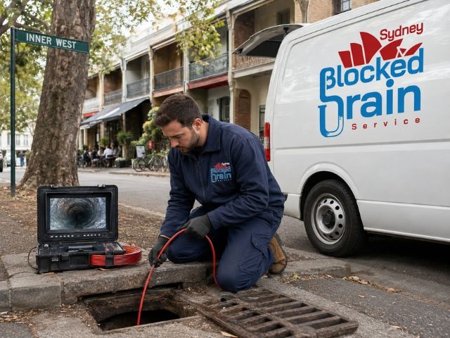 Licensed plumber running a CCTV drain camera at an Inner West property