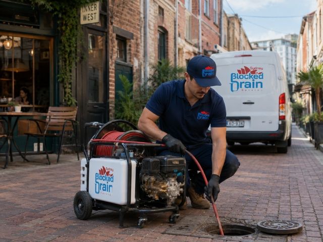 Drain service technician with a compact jetting rig in the Inner West