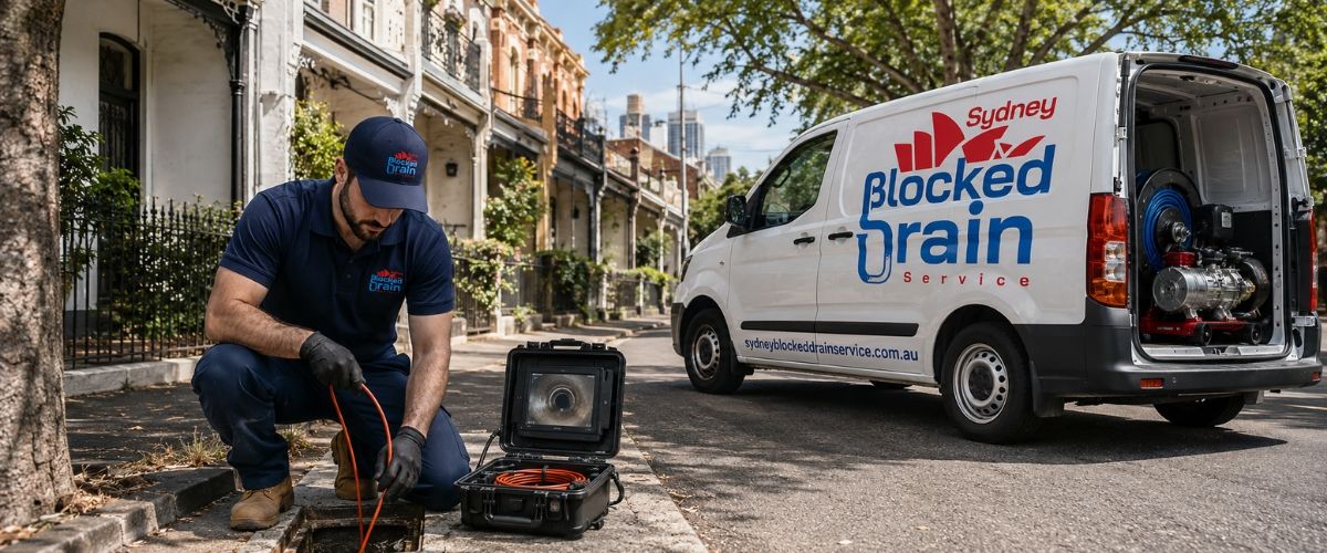 Branded drain service van and uniformed plumber in the Inner West