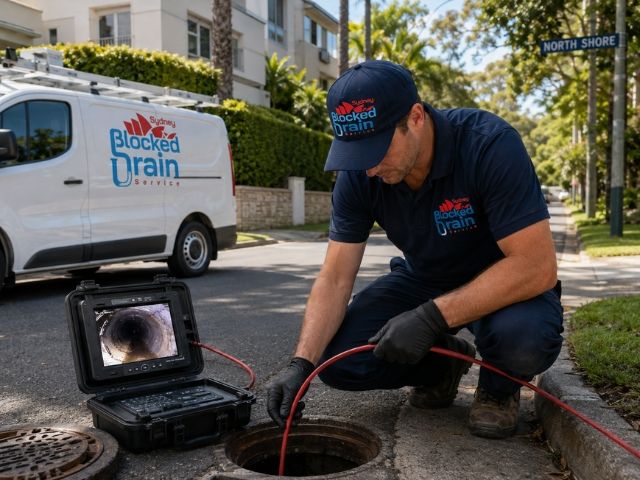 Licensed plumber running a CCTV drain camera at a North Shore property
