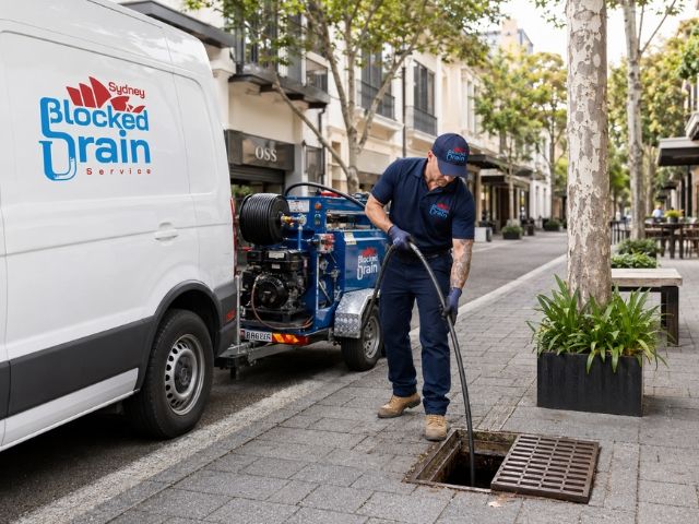 Drain service technician with a compact jetting rig in North Shore