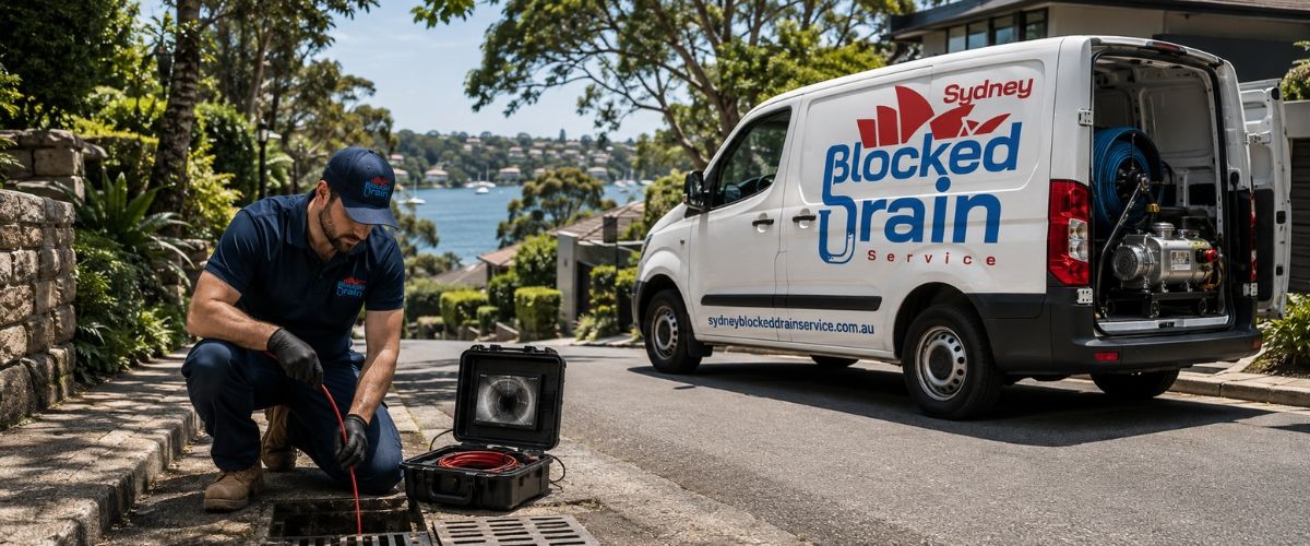 Branded drain service van and uniformed plumber in North Shore