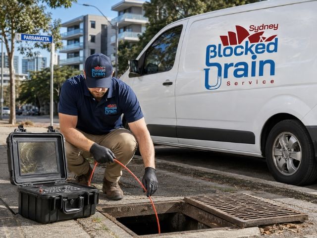 Licensed plumber running a CCTV drain camera at a Parramatta property