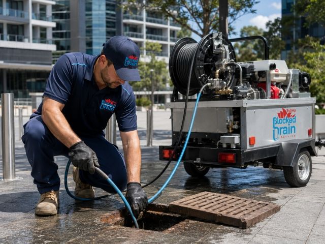 Drain service technician with a compact jetting rig in Parramatta
