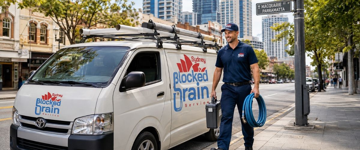 Branded drain service van and uniformed plumber in Parramatta