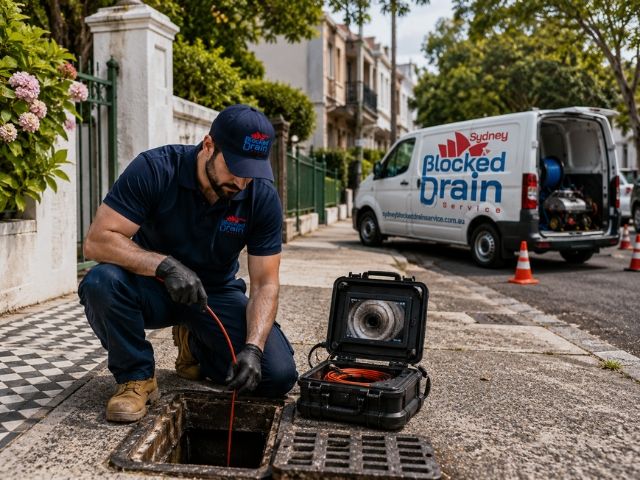 Licensed plumber running a CCTV drain camera at a Randwick property