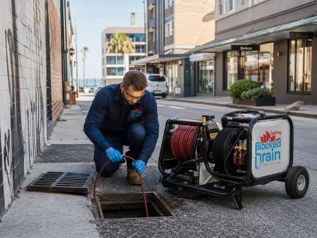 Drain service technician with a compact jetting rig in Randwick
